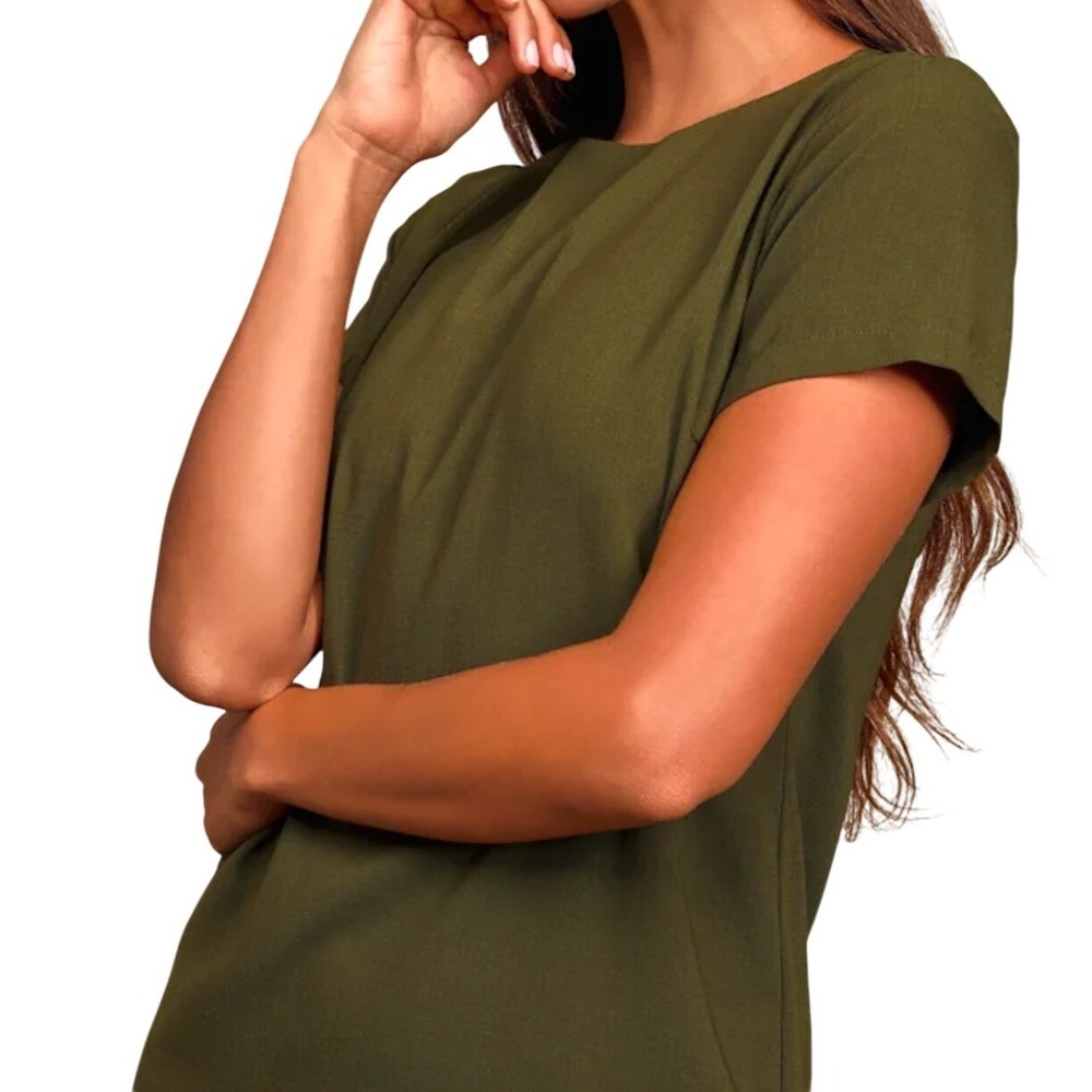 NWT Lulus Shift and Shout Olive Green Short Sleeve Mini Shift Dress M Party Mod - Picture 4 of 12